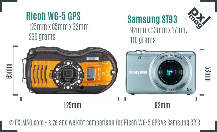 Ricoh WG-5 GPS vs Samsung ST93 size comparison Ricoh WG-5 GPS vs Samsung ST93 size comparison