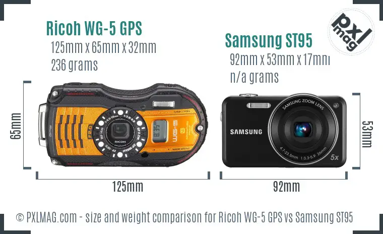 Ricoh WG-5 GPS vs Samsung ST95 size comparison Ricoh WG-5 GPS vs Samsung ST95 size comparison