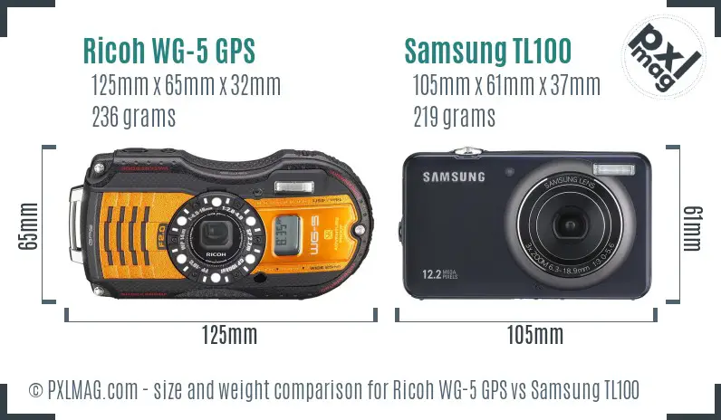 Ricoh WG-5 GPS vs Samsung TL100 size comparison