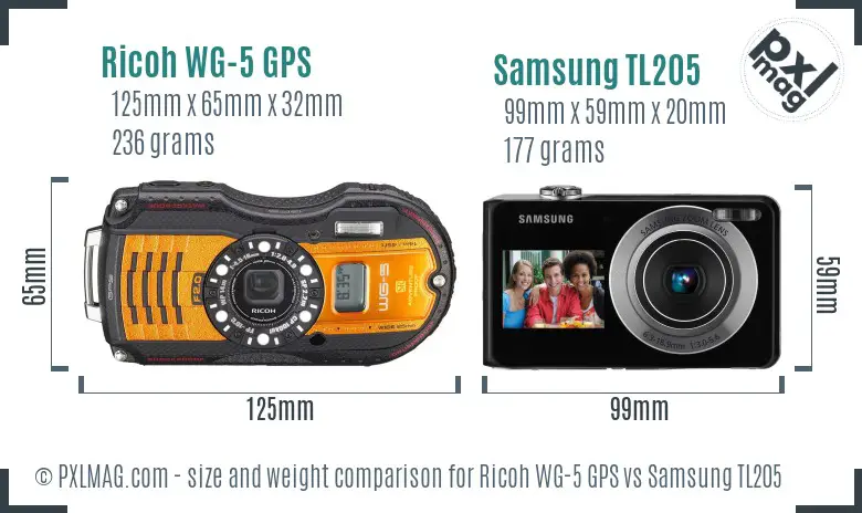 Ricoh WG-5 GPS vs Samsung TL205 size comparison