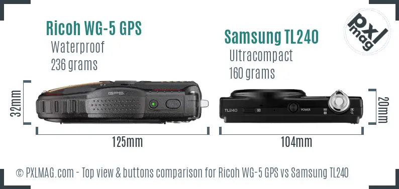 Ricoh WG-5 GPS vs Samsung TL240 top view buttons comparison