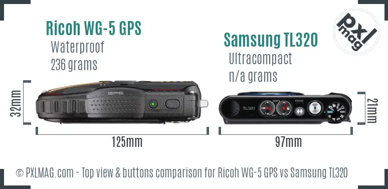 Ricoh WG-5 GPS vs Samsung TL320 top view buttons comparison