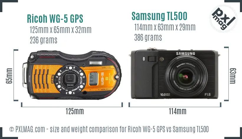 Ricoh WG-5 GPS vs Samsung TL500 size comparison