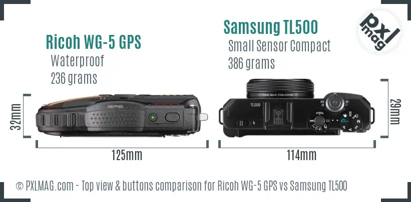 Ricoh WG-5 GPS vs Samsung TL500 top view buttons comparison