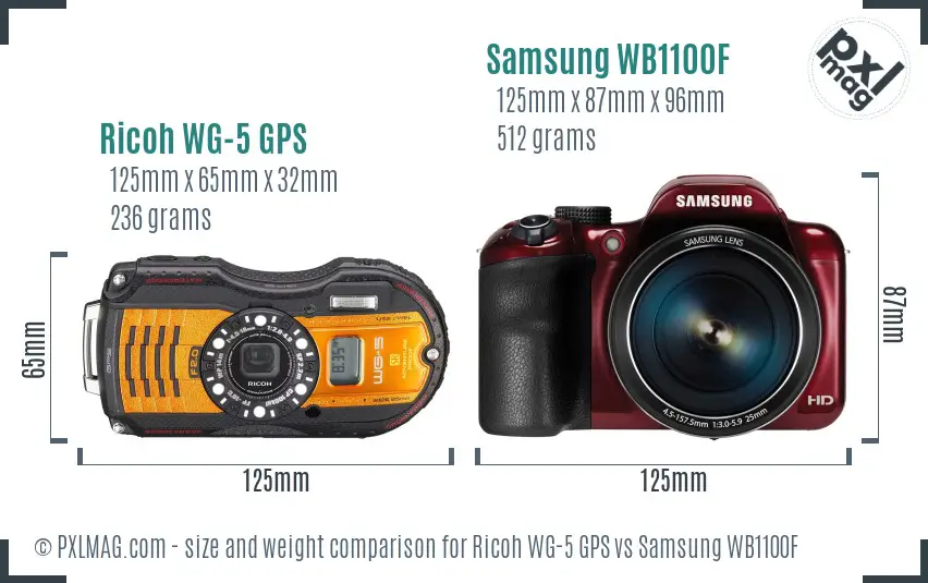 Ricoh WG-5 GPS vs Samsung WB1100F size comparison