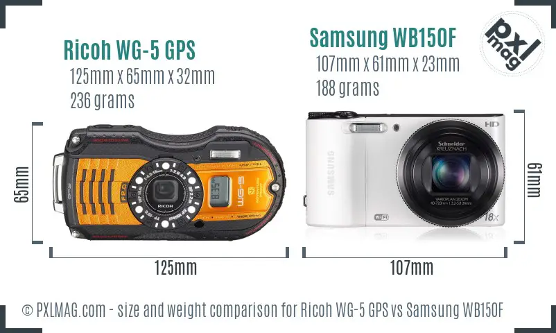 Ricoh WG-5 GPS vs Samsung WB150F size comparison