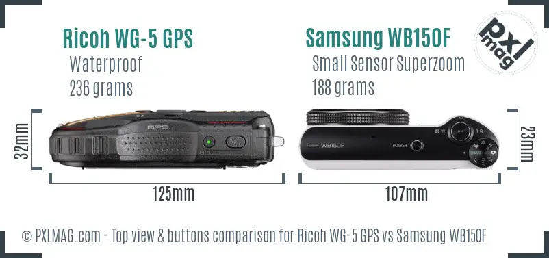 Ricoh WG-5 GPS vs Samsung WB150F top view buttons comparison