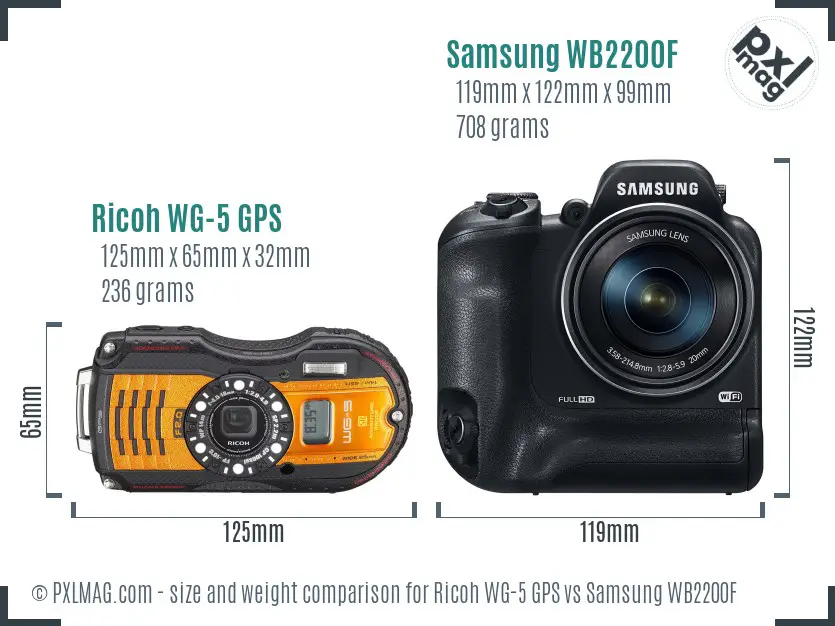 Ricoh WG-5 GPS vs Samsung WB2200F size comparison