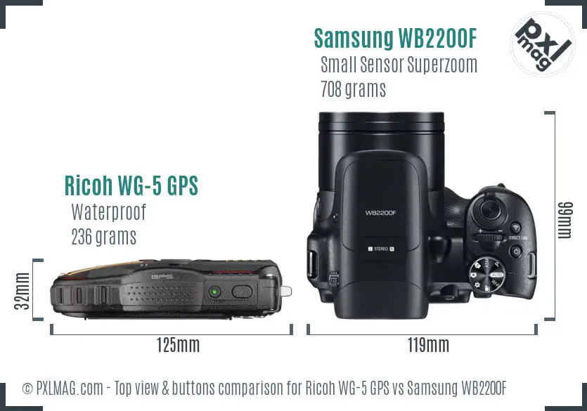 Ricoh WG-5 GPS vs Samsung WB2200F top view buttons comparison