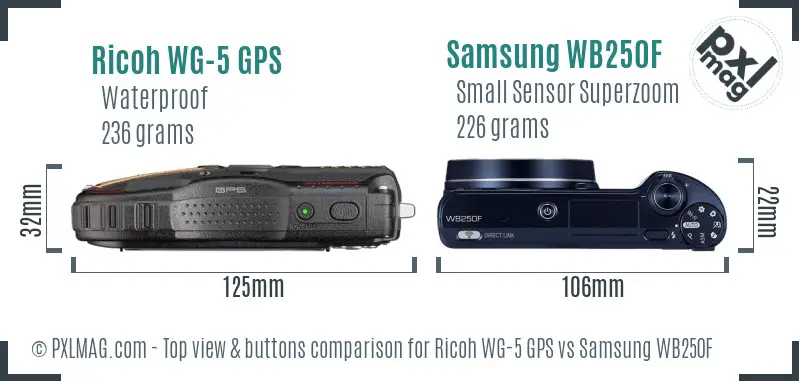 Ricoh WG-5 GPS vs Samsung WB250F top view buttons comparison