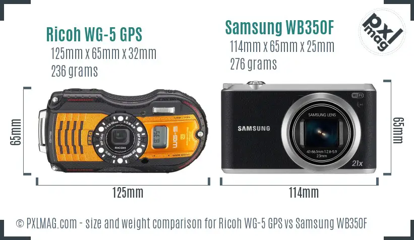 Ricoh WG-5 GPS vs Samsung WB350F size comparison