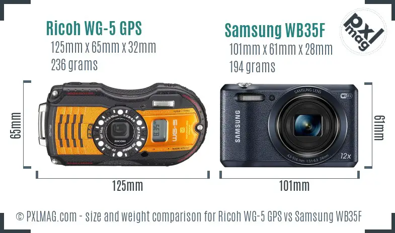 Ricoh WG-5 GPS vs Samsung WB35F size comparison