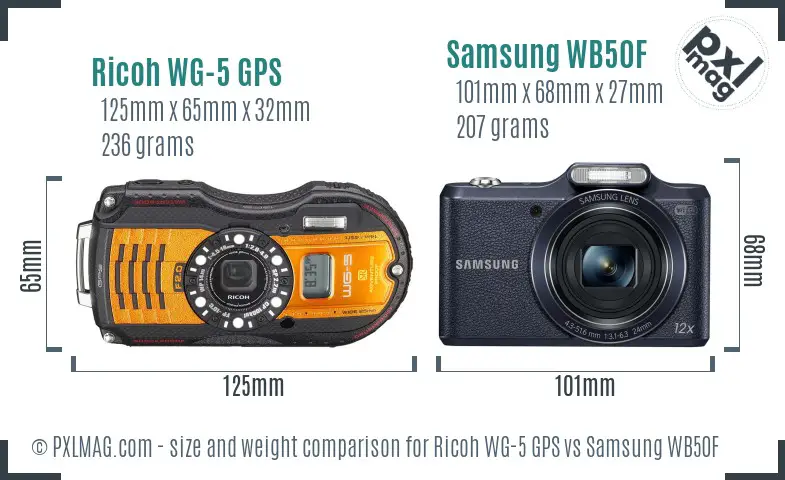 Ricoh WG-5 GPS vs Samsung WB50F size comparison