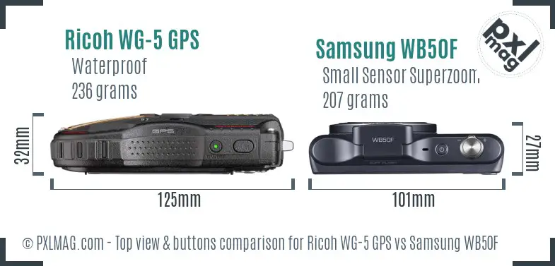 Ricoh WG-5 GPS vs Samsung WB50F top view buttons comparison