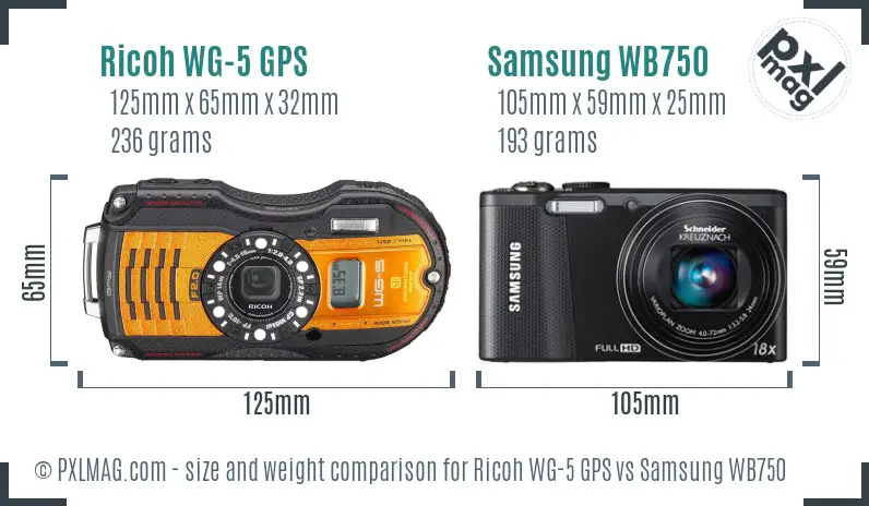 Ricoh WG-5 GPS vs Samsung WB750 size comparison