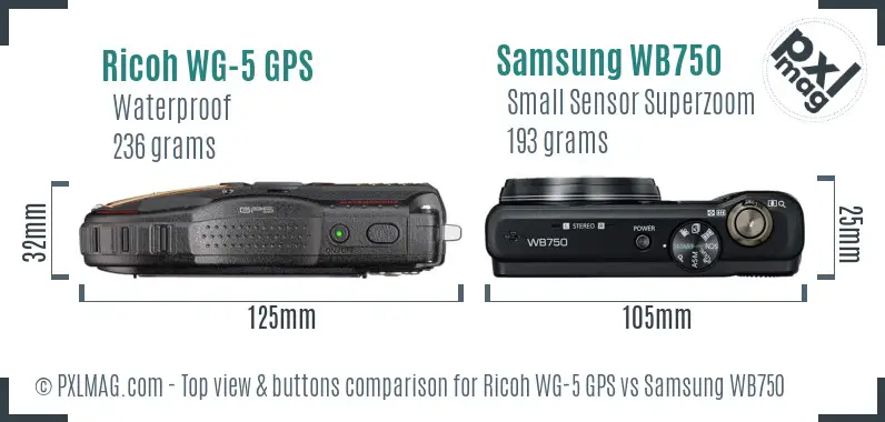 Ricoh WG-5 GPS vs Samsung WB750 top view buttons comparison