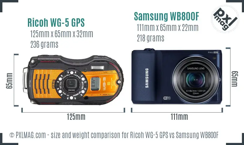Ricoh WG-5 GPS vs Samsung WB800F size comparison