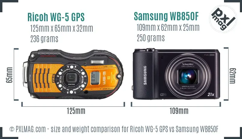 Ricoh WG-5 GPS vs Samsung WB850F size comparison