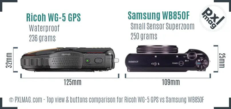 Ricoh WG-5 GPS vs Samsung WB850F top view buttons comparison