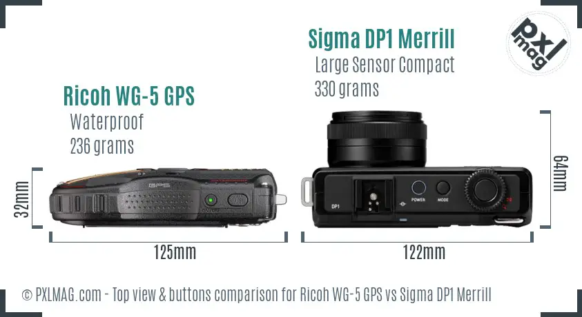 Ricoh WG-5 GPS vs Sigma DP1 Merrill top view buttons comparison