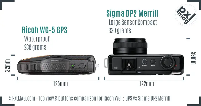 Ricoh WG-5 GPS vs Sigma DP2 Merrill top view buttons comparison