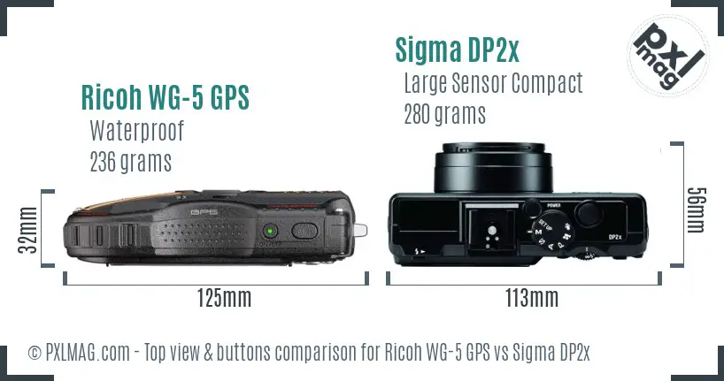 Ricoh WG-5 GPS vs Sigma DP2x top view buttons comparison