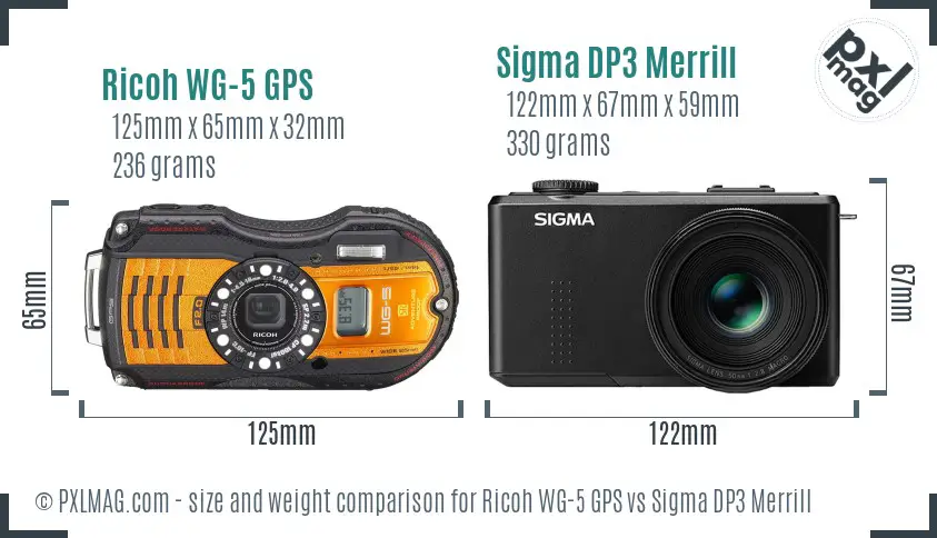 Ricoh WG-5 GPS vs Sigma DP3 Merrill size comparison
