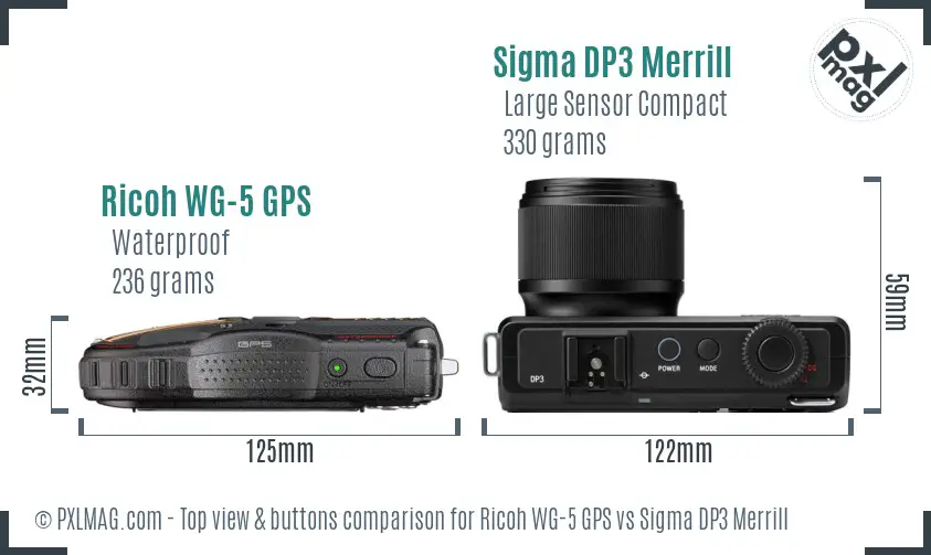 Ricoh WG-5 GPS vs Sigma DP3 Merrill top view buttons comparison