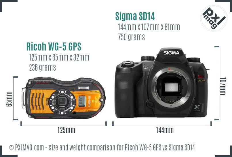 Ricoh WG-5 GPS vs Sigma SD14 size comparison