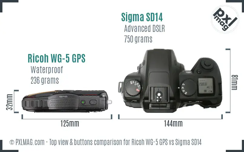 Ricoh WG-5 GPS vs Sigma SD14 top view buttons comparison