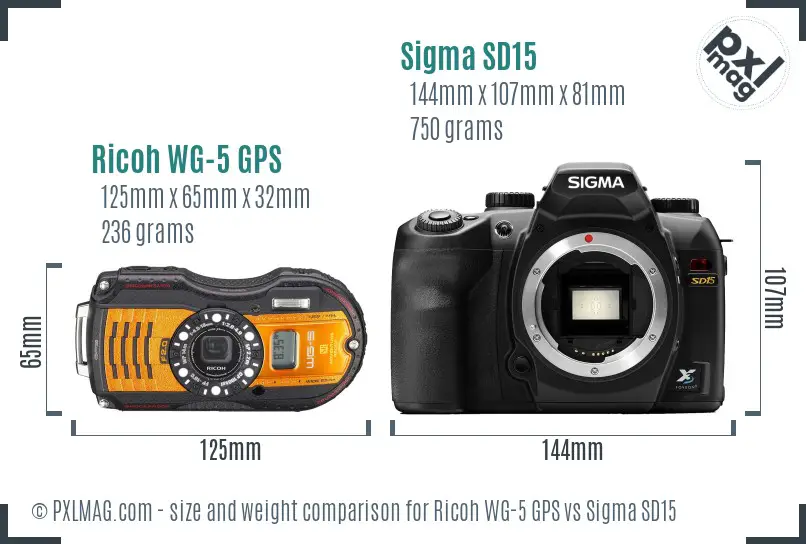 Ricoh WG-5 GPS vs Sigma SD15 size comparison