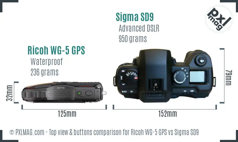 Ricoh WG-5 GPS vs Sigma SD9 top view buttons comparison