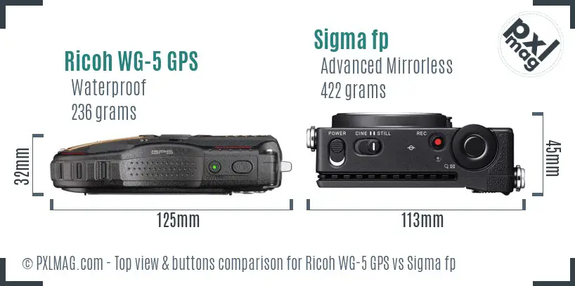 Ricoh WG-5 GPS vs Sigma fp top view buttons comparison