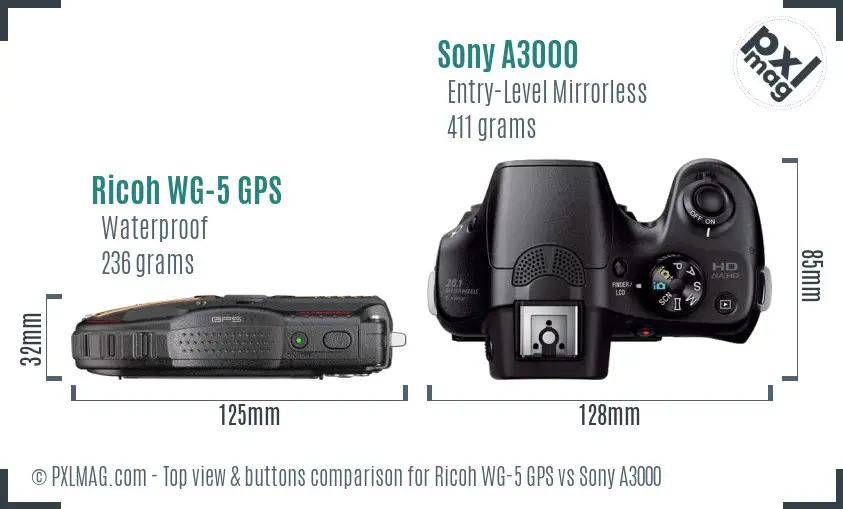 Ricoh WG-5 GPS vs Sony A3000 top view buttons comparison