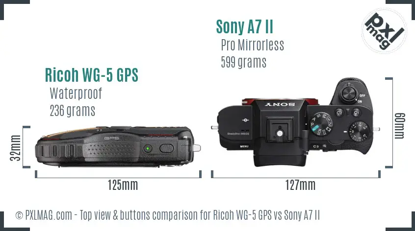 Ricoh WG-5 GPS vs Sony A7 II top view buttons comparison