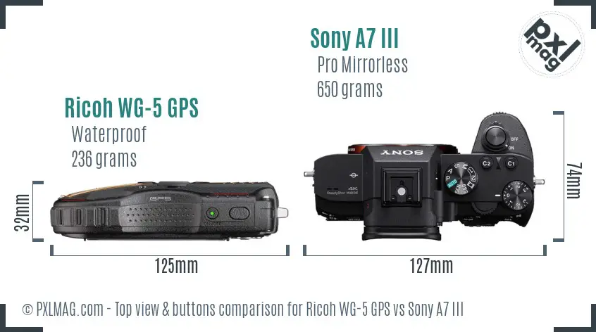 Ricoh WG-5 GPS vs Sony A7 III top view buttons comparison