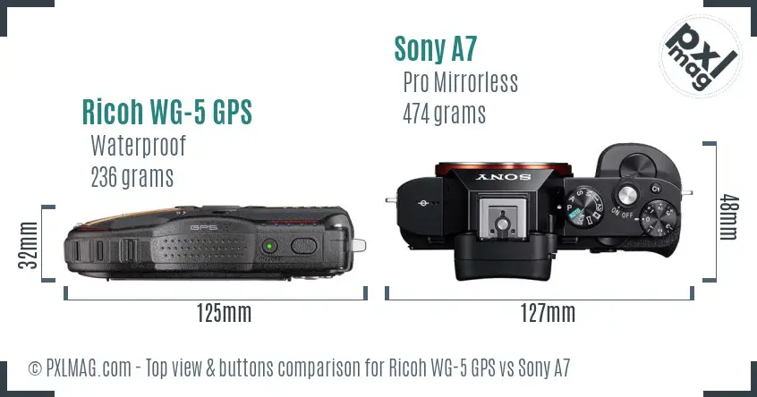 Ricoh WG-5 GPS vs Sony A7 top view buttons comparison