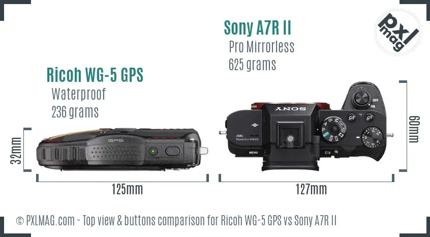 Ricoh WG-5 GPS vs Sony A7R II top view buttons comparison