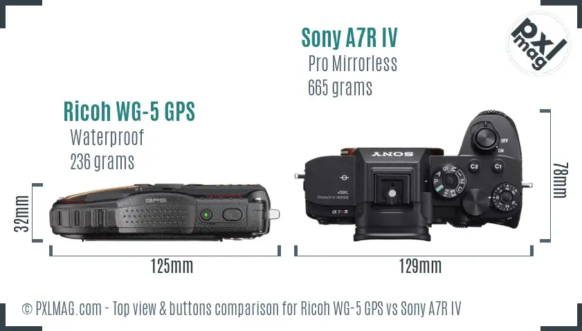 Ricoh WG-5 GPS vs Sony A7R IV top view buttons comparison