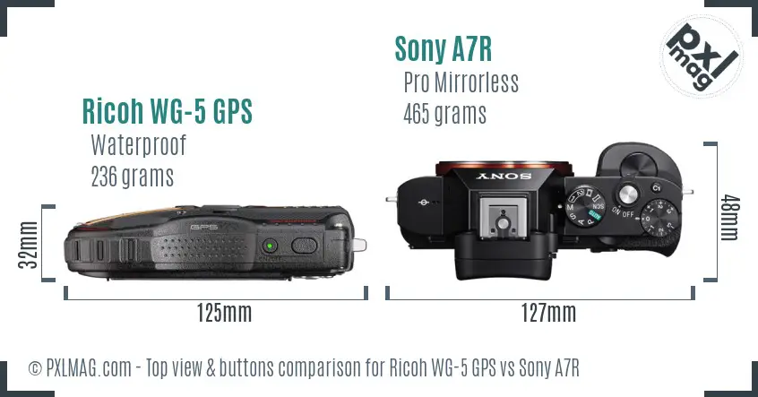 Ricoh WG-5 GPS vs Sony A7R top view buttons comparison