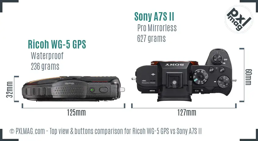 Ricoh WG-5 GPS vs Sony A7S II top view buttons comparison