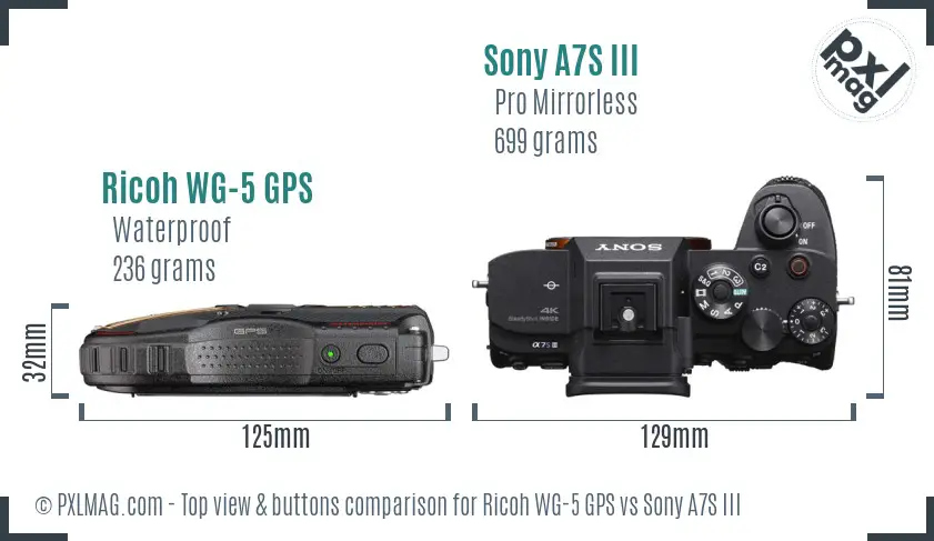 Ricoh WG-5 GPS vs Sony A7S III top view buttons comparison