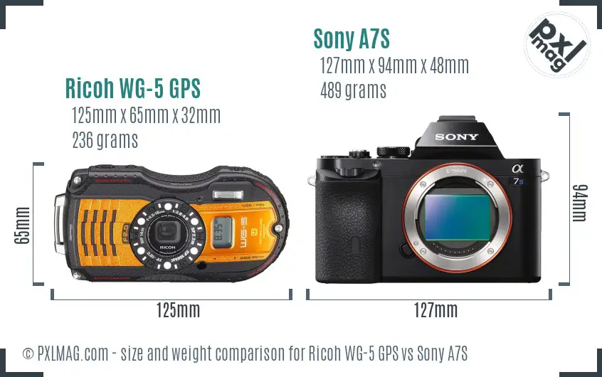 Ricoh WG-5 GPS vs Sony A7S size comparison