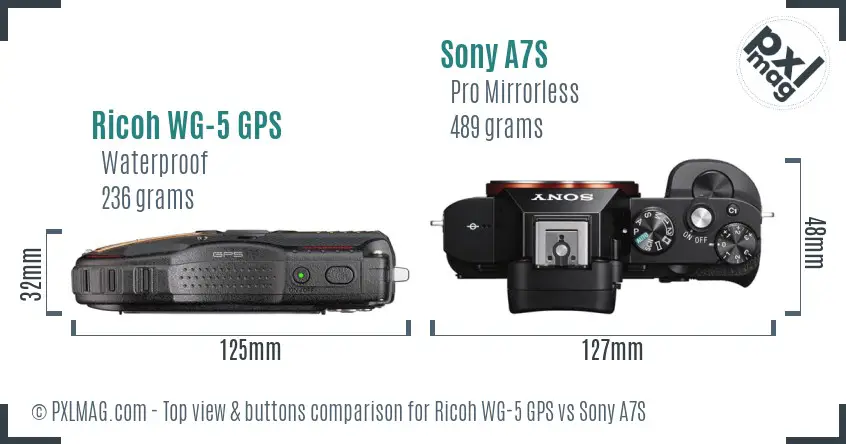 Ricoh WG-5 GPS vs Sony A7S top view buttons comparison