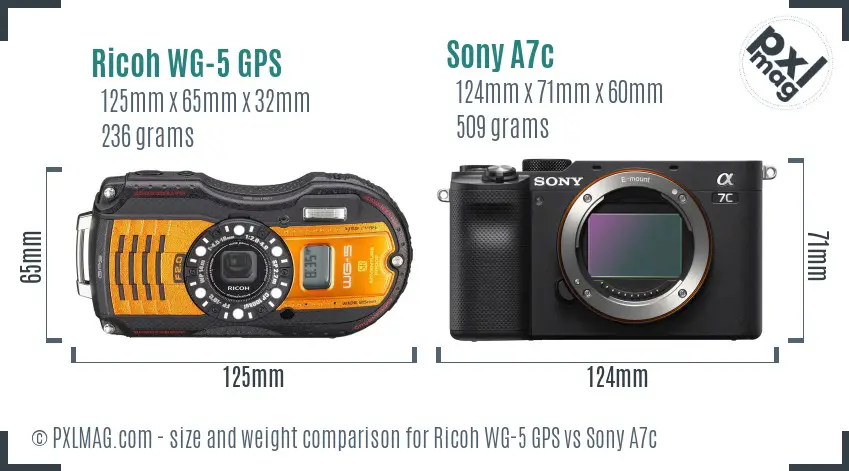 Ricoh WG-5 GPS vs Sony A7c size comparison