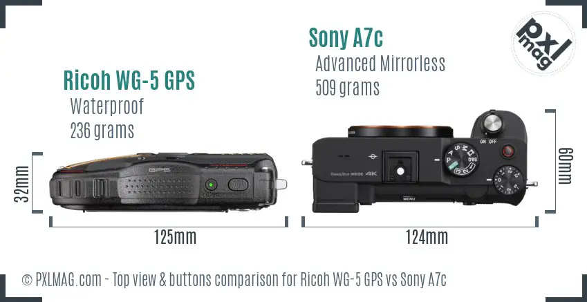 Ricoh WG-5 GPS vs Sony A7c top view buttons comparison