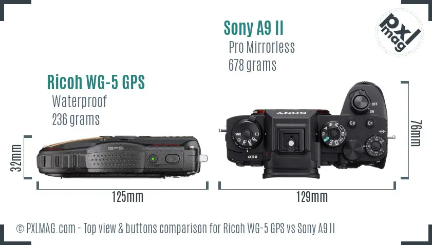 Ricoh WG-5 GPS vs Sony A9 II top view buttons comparison