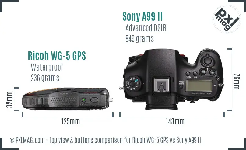 Ricoh WG-5 GPS vs Sony A99 II top view buttons comparison