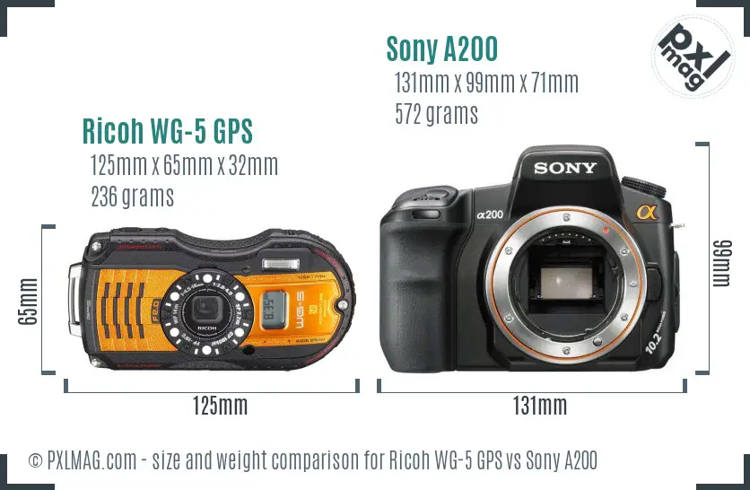 Ricoh WG-5 GPS vs Sony A200 size comparison Ricoh WG-5 GPS vs Sony A200 size comparison