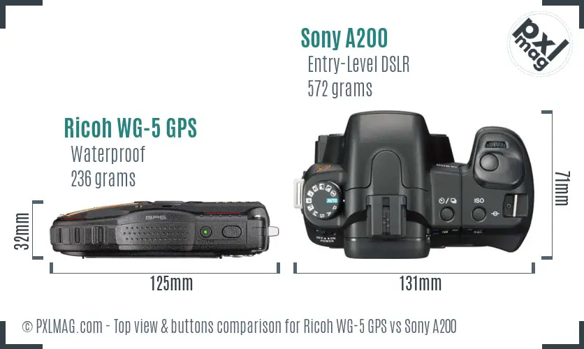 Ricoh WG-5 GPS vs Sony A200 top view buttons comparison Ricoh WG-5 GPS vs Sony A200 top view buttons comparison